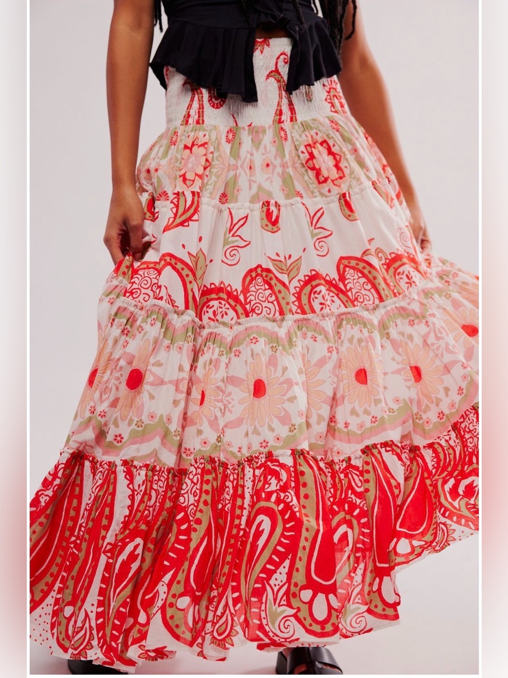 Free People Red and White Tiered Paisley Maxi Skirt XS